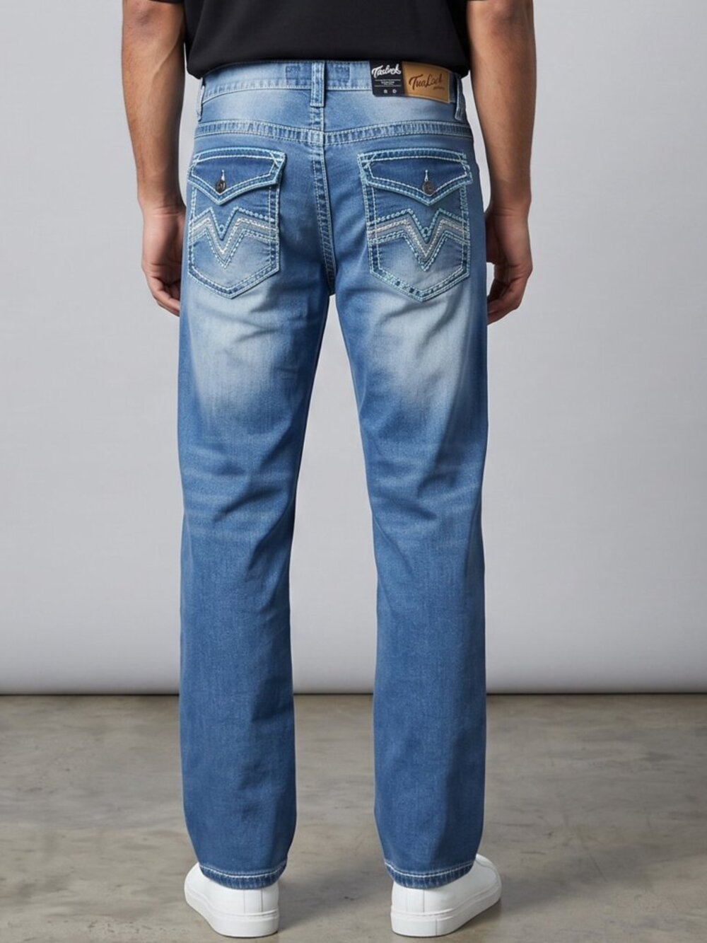 NEW True Luck Straight Leg Jeans Men's Size 34x30 Thick Stitch Embroidered BKE
